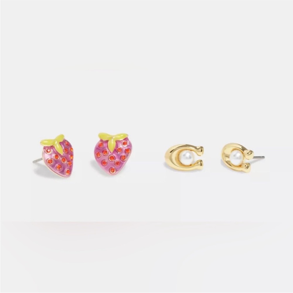 Coach Strawberry Signature Pearl Stud Earring Set NWT - Picture 1 of 4